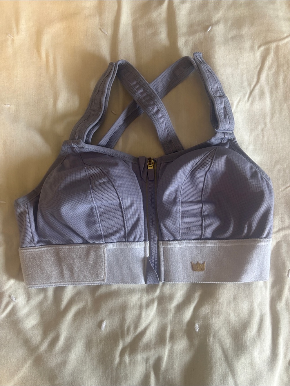 SHEFIT Lavender and White Front-Zip High Support Sports Bra